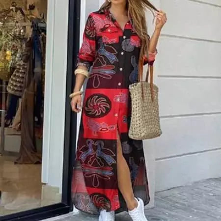 Model wearing the long-sleeved maxi dress at an event