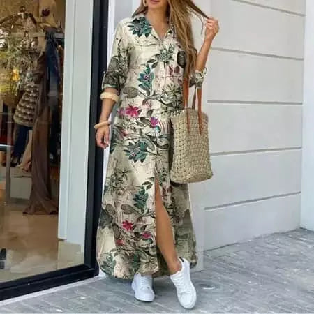 Long-sleeved maxi dress displayed on a mannequin