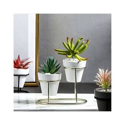 Modern Mini Glazed Ceramic Planter with Metal Stand – Elegant Indoor Flower Pot