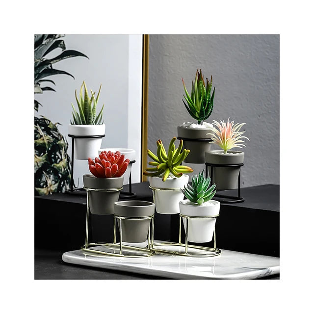 Modern Mini Glazed Ceramic Planter with Metal Stand – Elegant Indoor Flower Pot