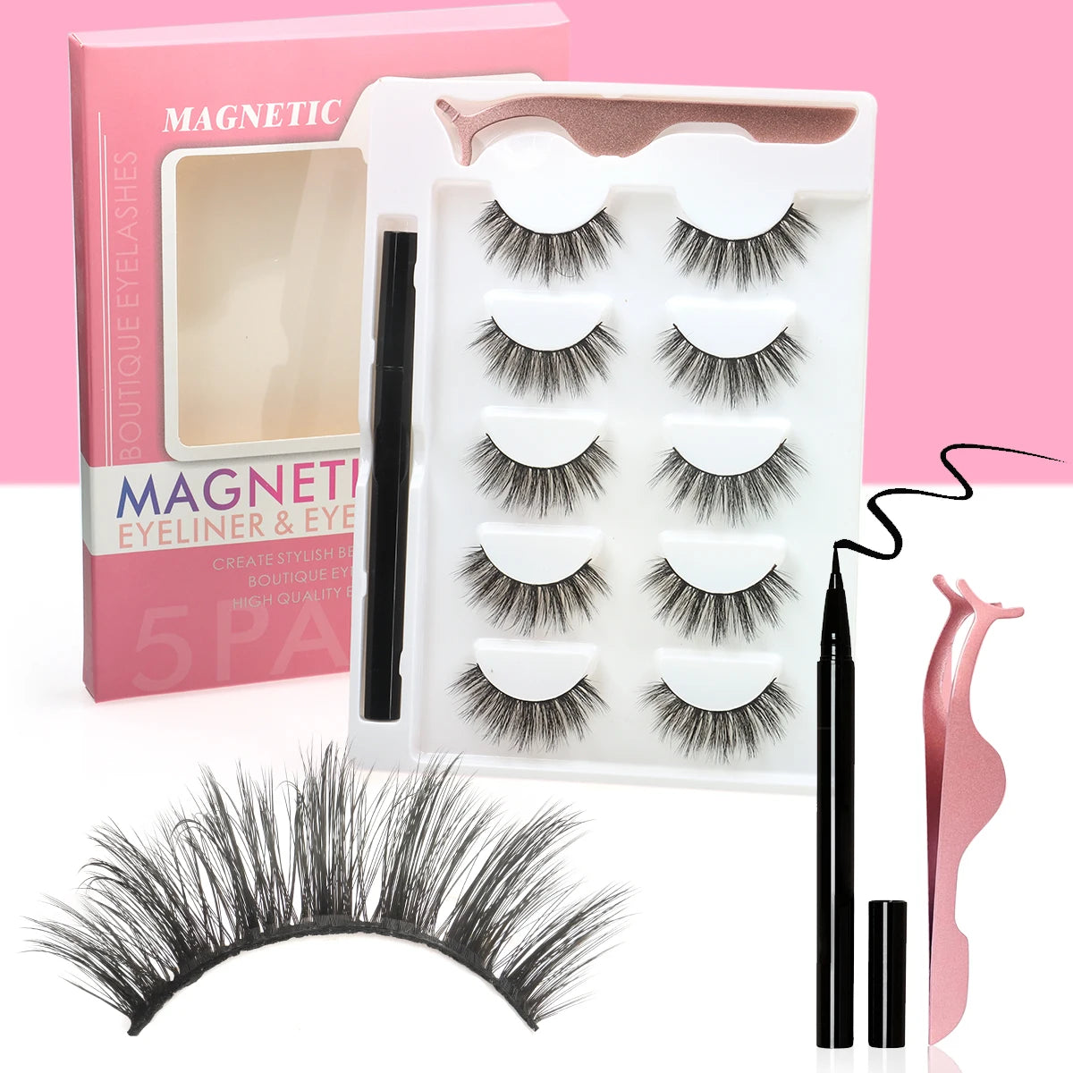 Kit de Pestañas Magnéticas 5 Pares Pestañas Postizas de Visón con Delineador