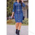 Slim Fit Denim Shirt Dress Women Button Front Midi Long Sleeve