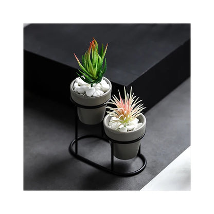 Modern Mini Glazed Ceramic Planter with Metal Stand – Elegant Indoor Flower Pot