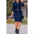 Slim Fit Denim Shirt Dress Women Button Front Midi Long Sleeve