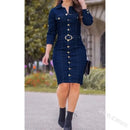 Slim Fit Denim Shirt Dress Women Button Front Midi Long Sleeve