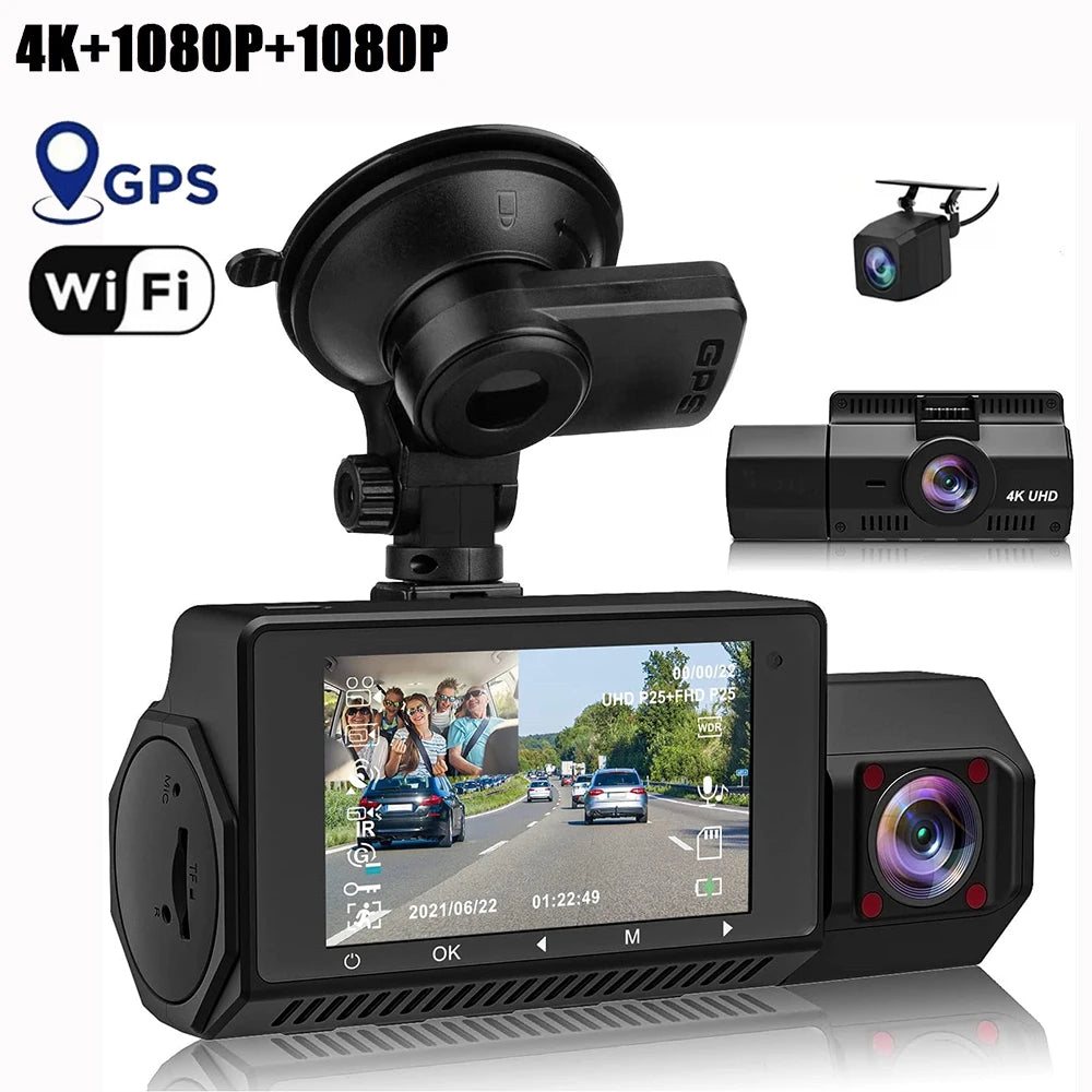 4K 3 Channel Dash Cam Front Rear Inside WiFi GPS Night Vision
