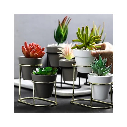 Modern Mini Glazed Ceramic Planter with Metal Stand – Elegant Indoor Flower Pot