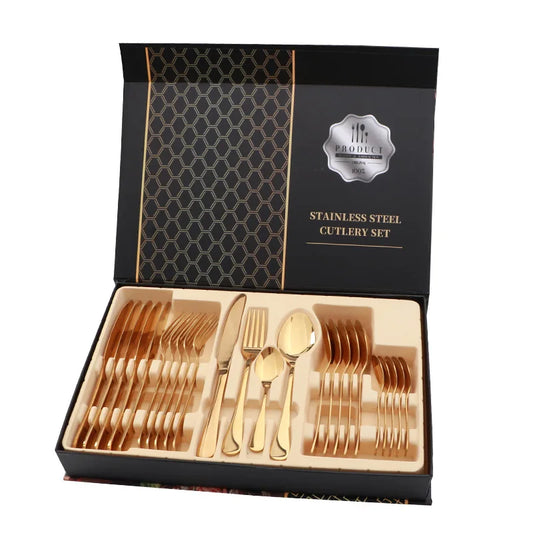 Juego de Cubiertos de Acero Inoxidable de 24 Piezas Doradas con Estuche de Regalo de Lujo