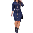 Slim Fit Denim Shirt Dress Women Button Front Midi Long Sleeve