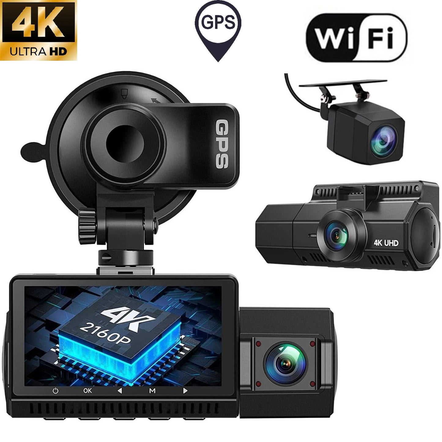 4K 3 Channel Dash Cam Front Rear Inside WiFi GPS Night Vision