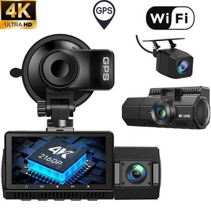 4K 3 Channel Dash Cam Front Rear Inside WiFi GPS Night Vision