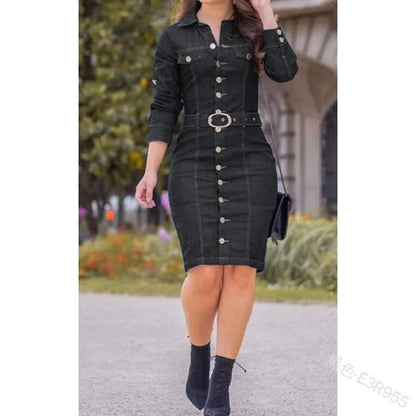 Slim Fit Denim Shirt Dress Women Button Front Midi Long Sleeve