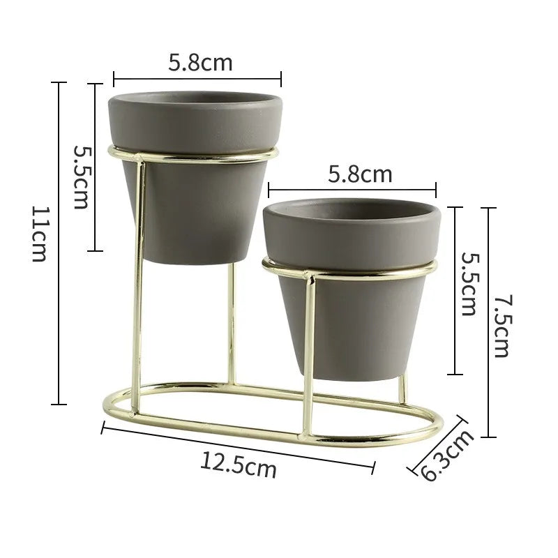 Modern Mini Glazed Ceramic Planter with Metal Stand – Elegant Indoor Flower Pot