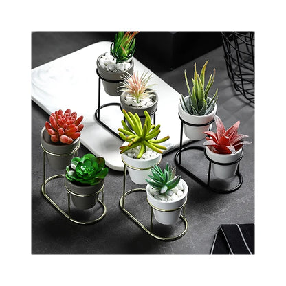 Modern Mini Glazed Ceramic Planter with Metal Stand – Elegant Indoor Flower Pot