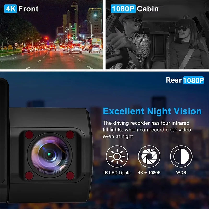 4K 3 Channel Dash Cam Front Rear Inside WiFi GPS Night Vision