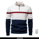 Men’s Quarter-Zip Cotton Sweater – Striped Mock Neck Pullover Warm Knit Casual Sweater for Fall & Winter