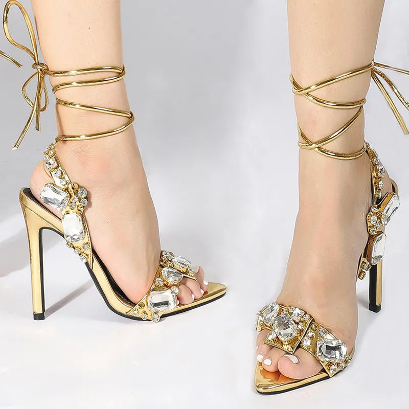 Golden women's sandals, high quality crystal - Automation and Energy