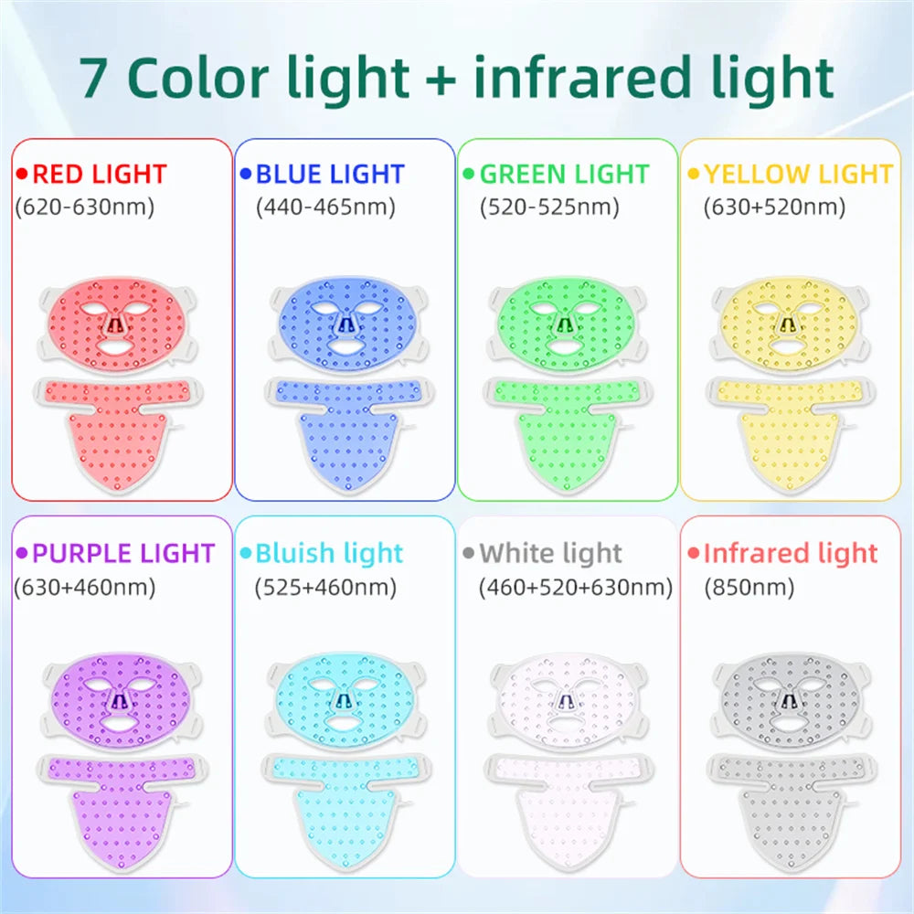 Maschera per viso e collo con terapia della luce LED a 8 colori - Dispositivo anti-invecchiamento per il viso a infrarossi rossi e vicini per rughe, acne, rassodamento della pelle e controllo del sebo