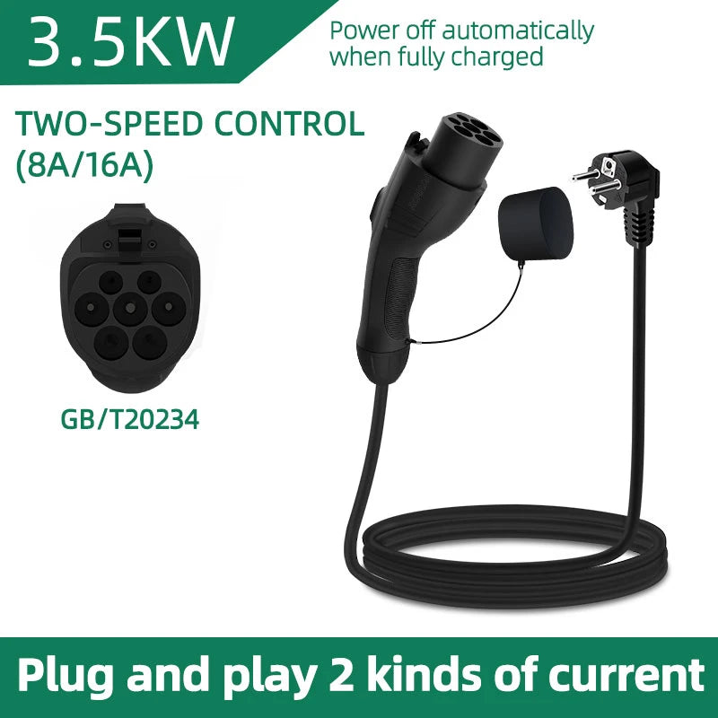 3.5KW Portable EV Charger – 16A Electric Vehicle Charging Cable with EU Plug