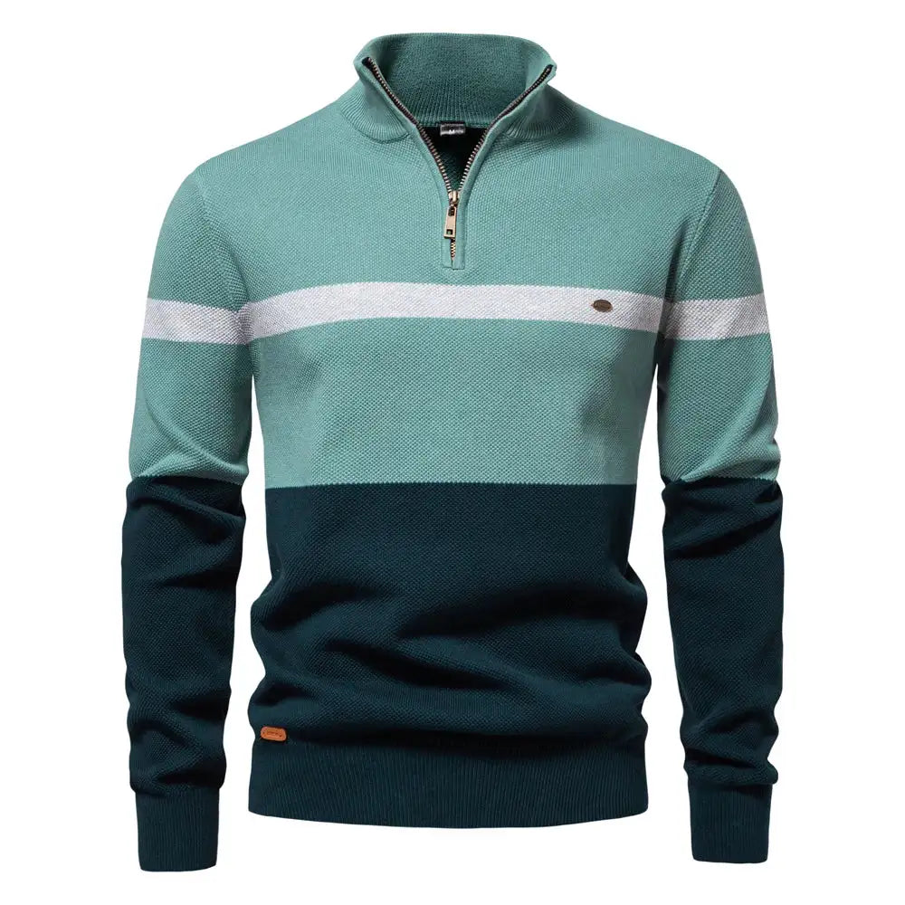 Men’s Quarter-Zip Cotton Sweater – Striped Mock Neck Pullover Warm Knit Casual Sweater for Fall & Winter