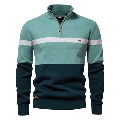 Men’s Quarter-Zip Cotton Sweater – Striped Mock Neck Pullover Warm Knit Casual Sweater for Fall & Winter