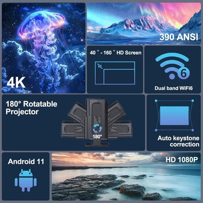 HY320 Mini Smart Projector 4K Support Android 11 WiFi 6 BT 5.0