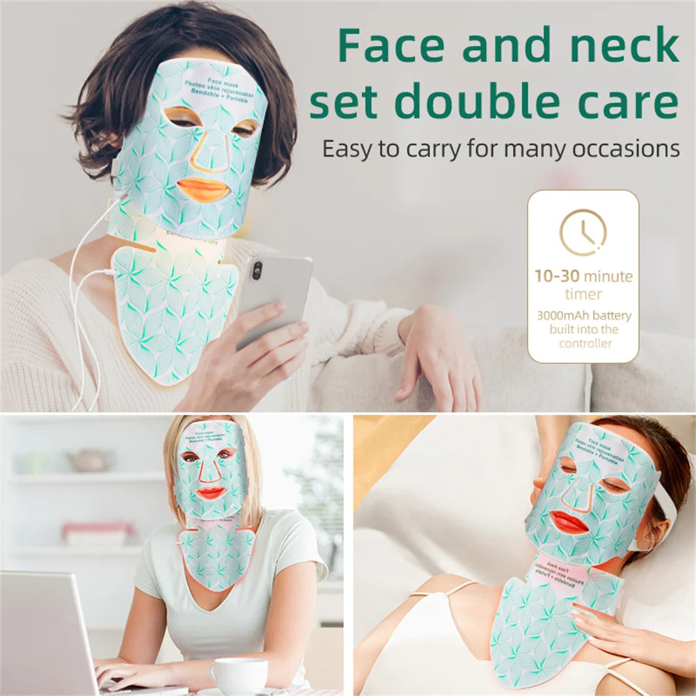 Maschera per viso e collo con terapia della luce LED a 8 colori - Dispositivo anti-invecchiamento per il viso a infrarossi rossi e vicini per rughe, acne, rassodamento della pelle e controllo del sebo