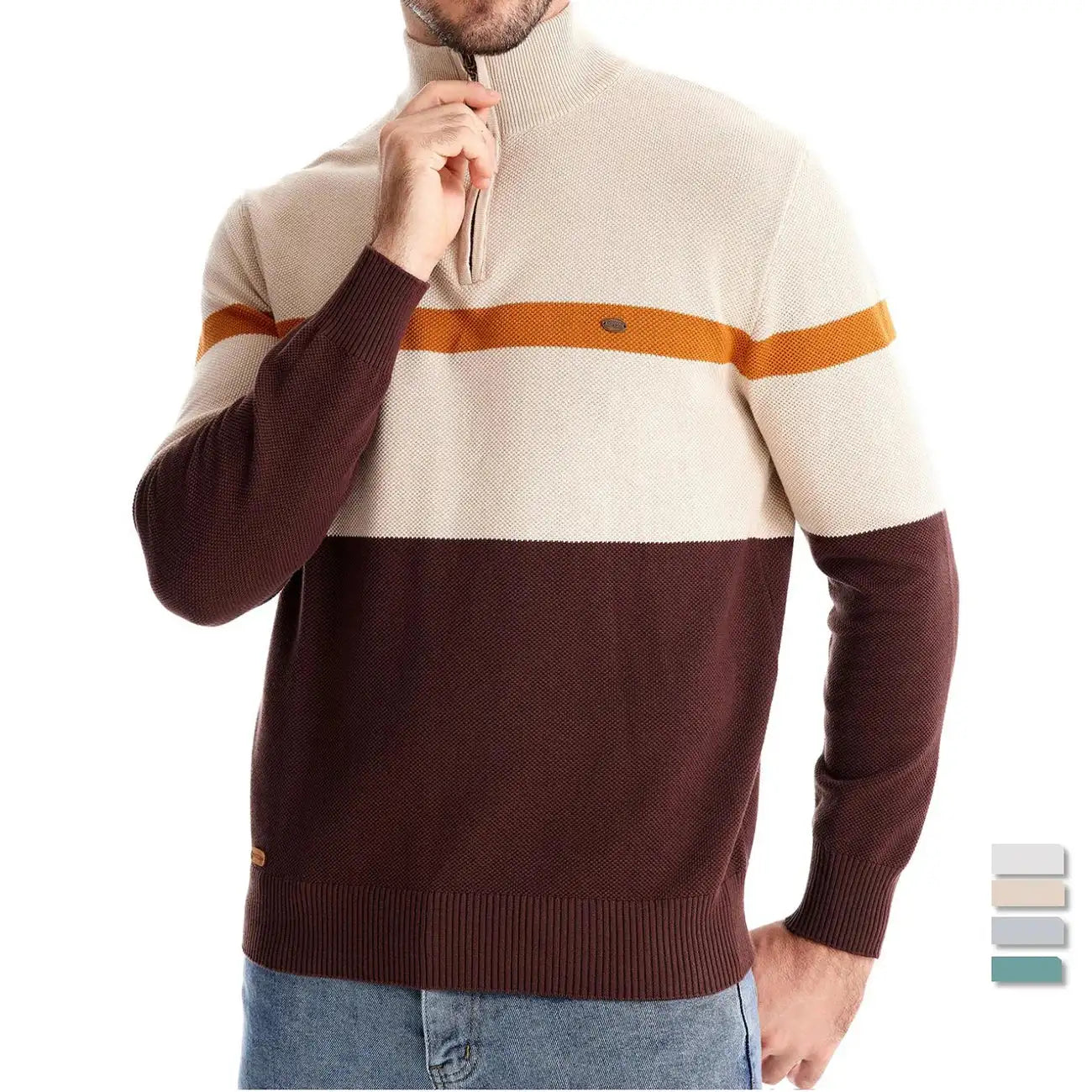 Men’s Quarter-Zip Cotton Sweater – Striped Mock Neck Pullover Warm Knit Casual Sweater for Fall & Winter