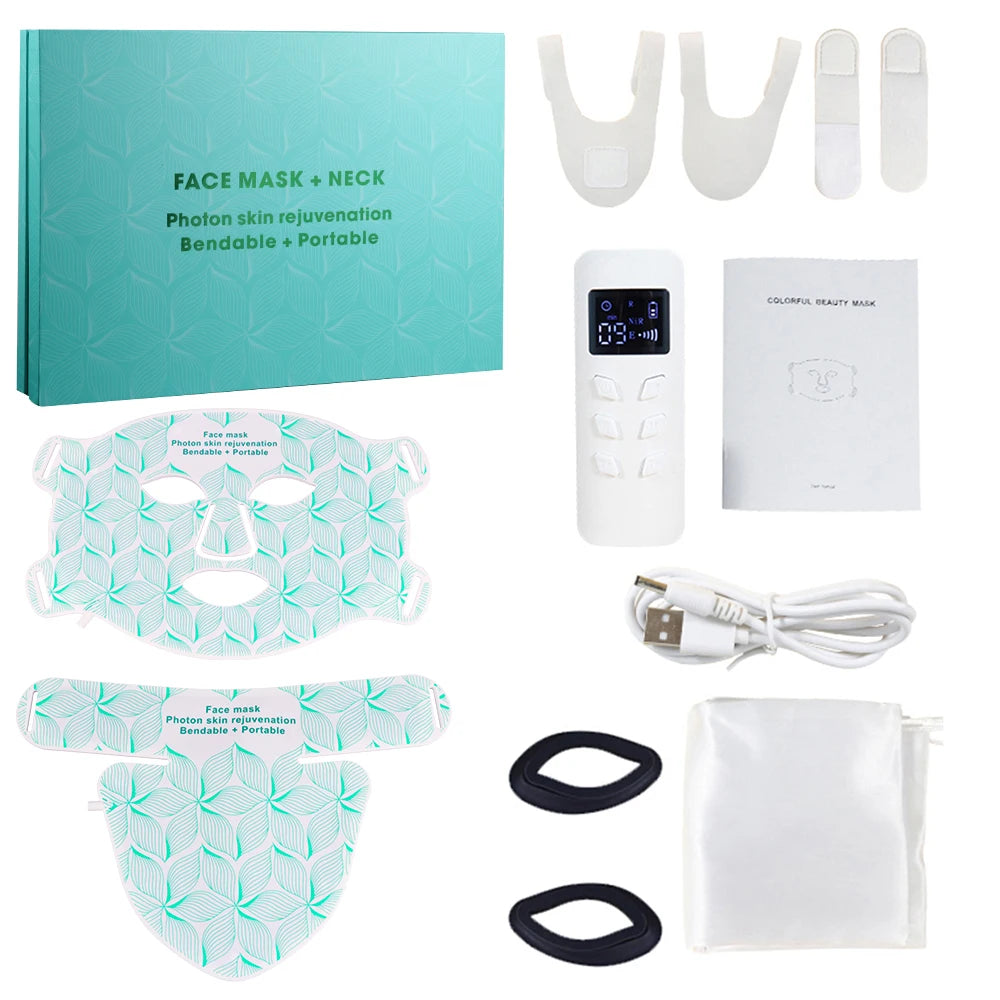 Maschera per viso e collo con terapia della luce LED a 8 colori - Dispositivo anti-invecchiamento per il viso a infrarossi rossi e vicini per rughe, acne, rassodamento della pelle e controllo del sebo